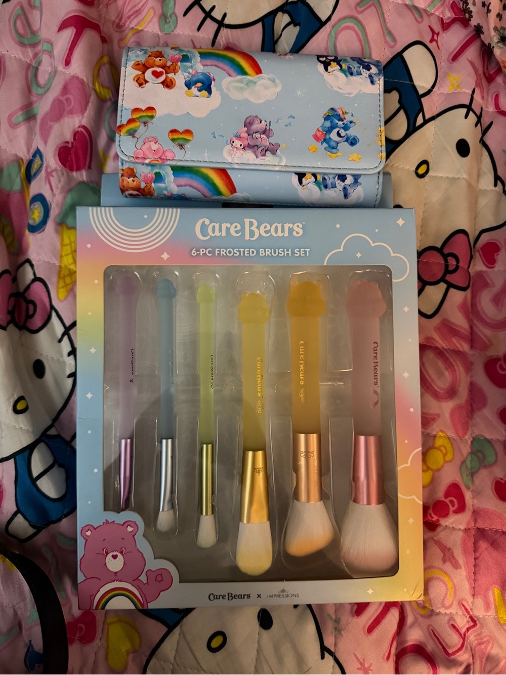 Care Bears x Sanrio wallet and Care bear6-Piece Frosted Brush Set - Pastel Multi